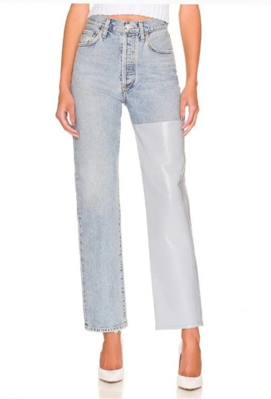 AGOLDE Pieced '90s High-Rise Leather & Denim Straight-Leg Jeans 25